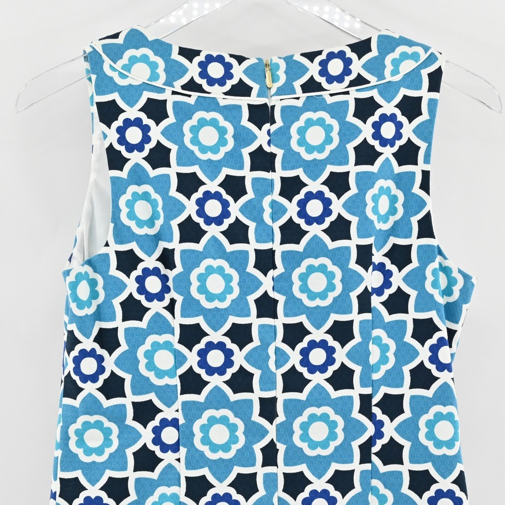 Trina Turk Moroccan Print Shift Dress Size 2 Blue Floral Sleeveless Pom Pom Trim - Picture 11 of 13